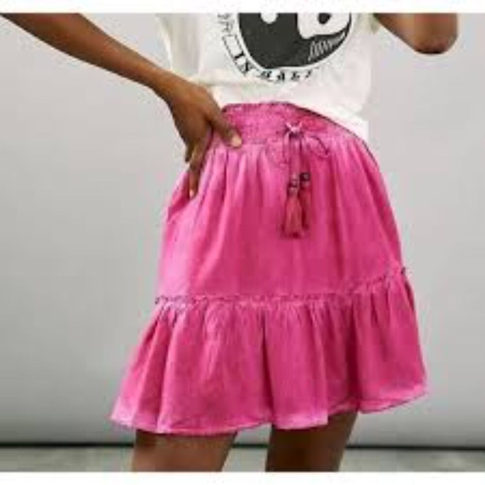 Pilcro Anthropologie Pink Mini Skirt Tiered Boho Tie Dye MP Petite Linen Blend